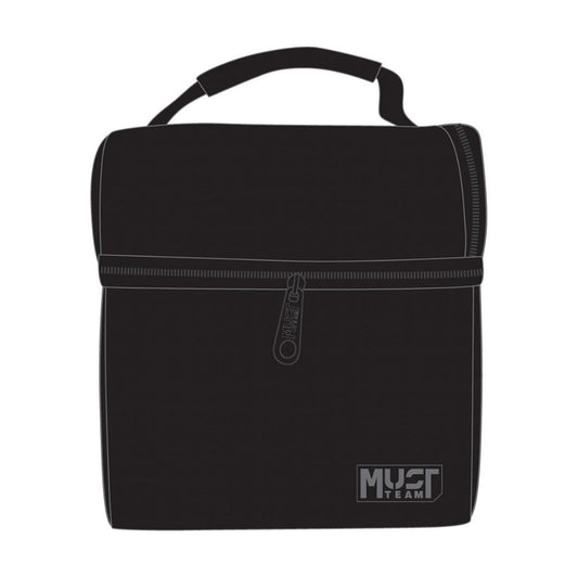 A black insulated tote bag with a top handle, featuring a horizontal zippered compartment and a white contrast-stitched border. The 'MUST TEAM' logo is printed in white on the bottom right corner.