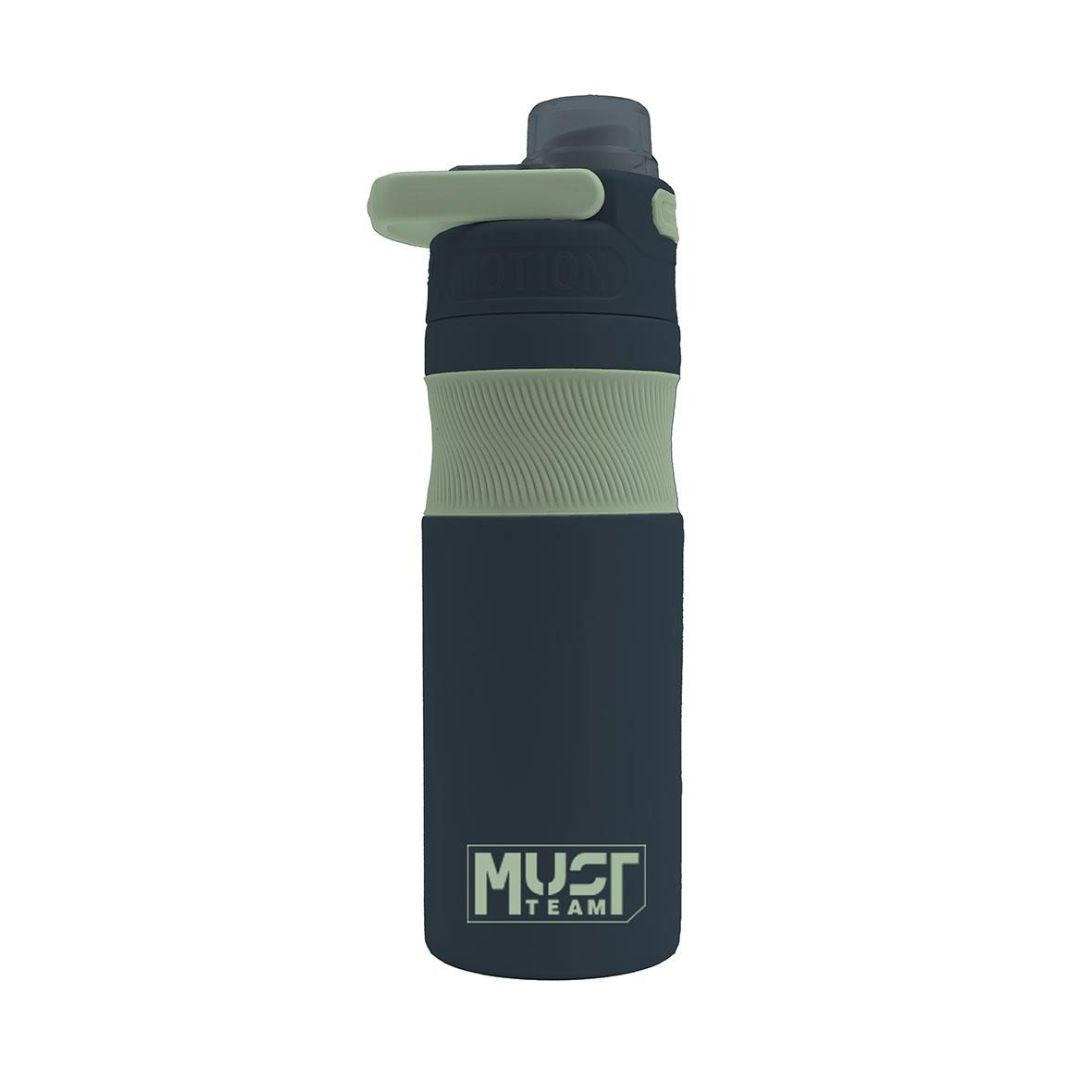 A dark navy blue insulated water bottle with a light sage green lid and a matching textured band around the middle. The bottom features a white and green 'MUST TEAM' logo.