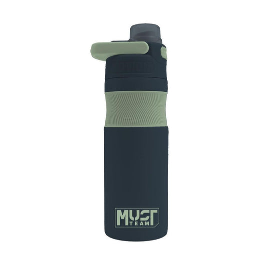 A dark navy blue insulated water bottle with a light sage green lid and a matching textured band around the middle. The bottom features a white and green 'MUST TEAM' logo.