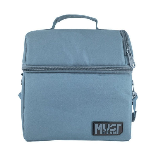 A dusty blue insulated lunch bag with a top handle, a horizontal zipper, and a black 'MUST TEAM' logo patch on the bottom right, shown against a plain white background.
