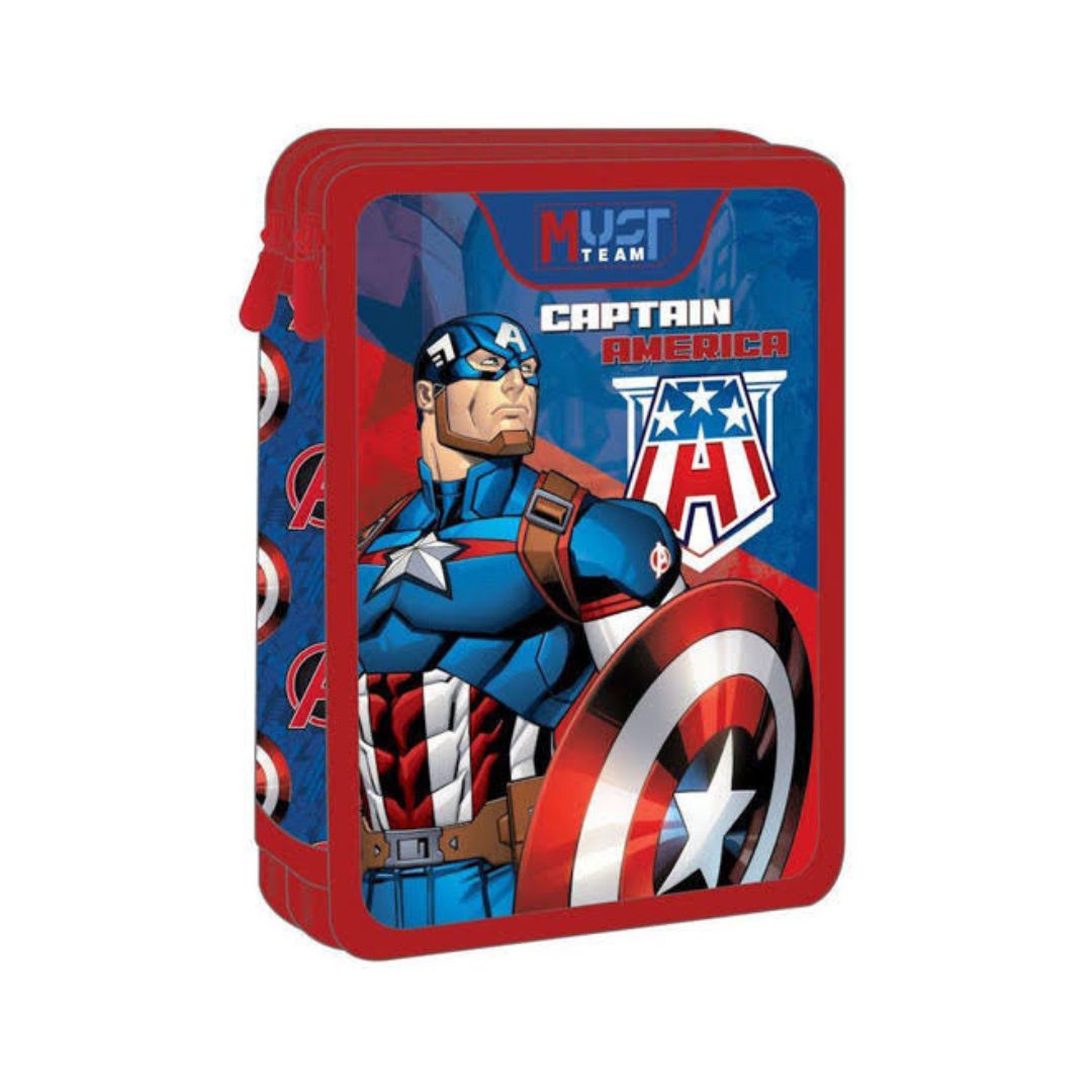 Captain America themed card deck box with red border and character artwork on a white background.