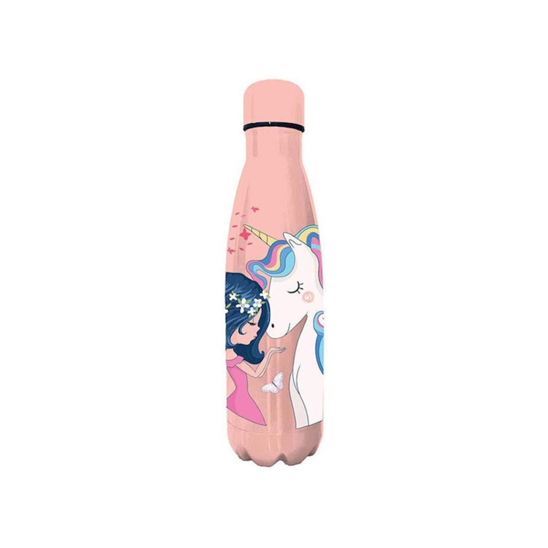 A pink insulated water bottle with a cartoon unicorn and girl illustration on the front, shown against a plain white background.