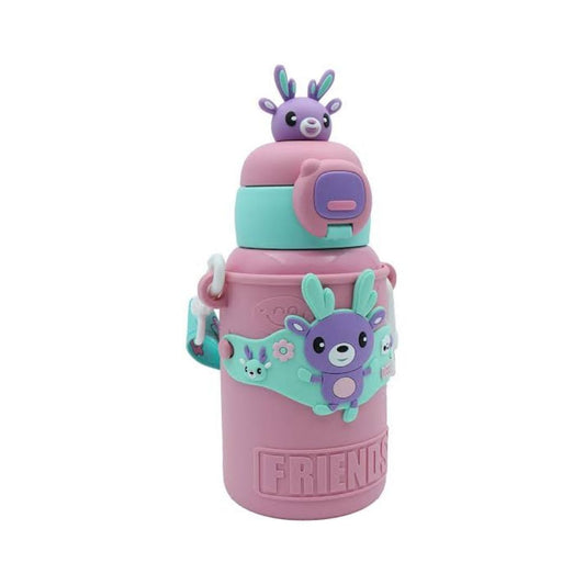 A pink and teal kids' water bottle with cute cartoon animal characters and a small deer figure on top, shown on a plain white background.