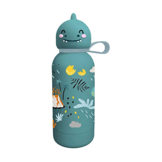A teal dinosaur-shaped water bottle with a cute cartoon face on the cap and a matching carrying loop, decorated with whimsical nature illustrations including a campfire, clouds, and leaves.