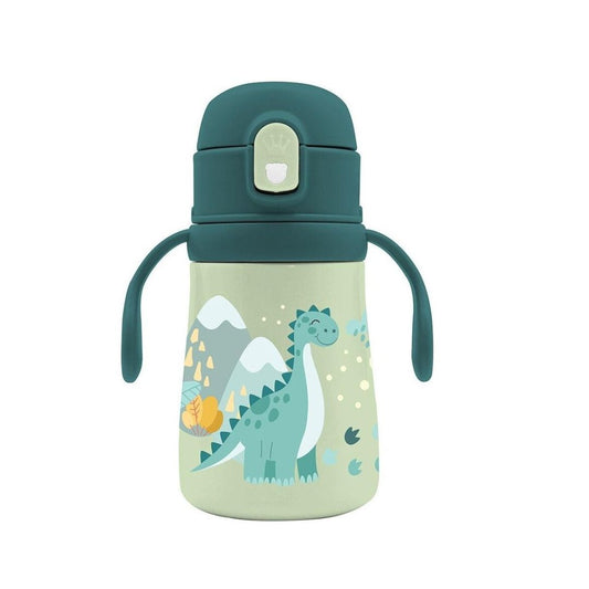 A kids' water bottle with a dark teal lid and handles, featuring a light sage green body decorated with a cartoon dinosaur, mountains, and stars.