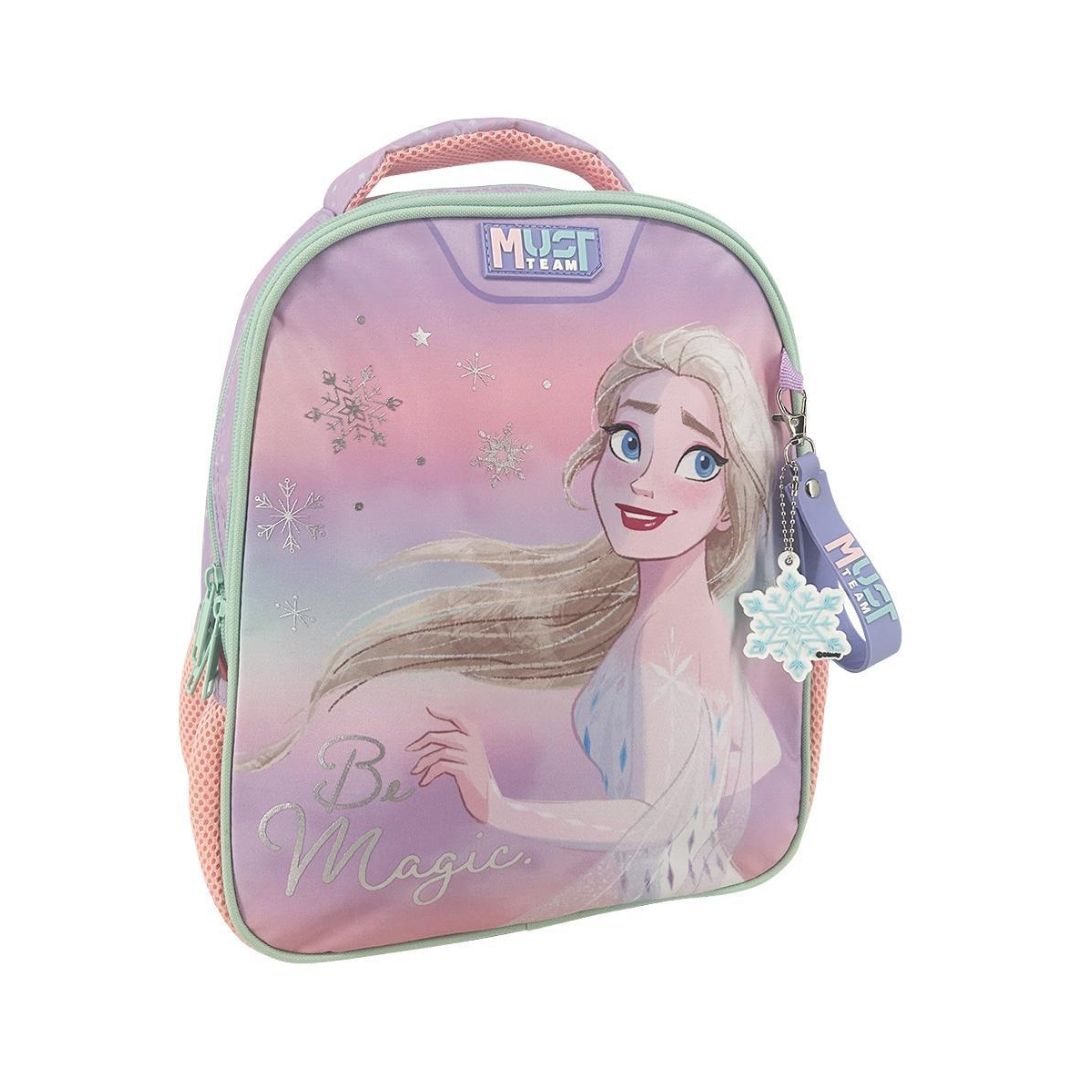 A pink and purple insulated lunch bag featuring Elsa from Frozen, with a mint green zipper, a top carrying handle, and a hanging snowflake charm. The bag has a 'Must Dream' logo at the top.