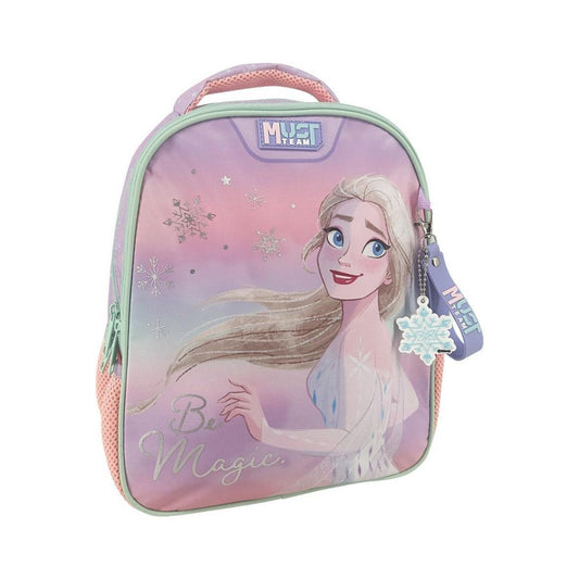 A pink and purple insulated lunch bag featuring Elsa from Frozen, with a mint green zipper, a top carrying handle, and a hanging snowflake charm. The bag has a 'Must Dream' logo at the top.