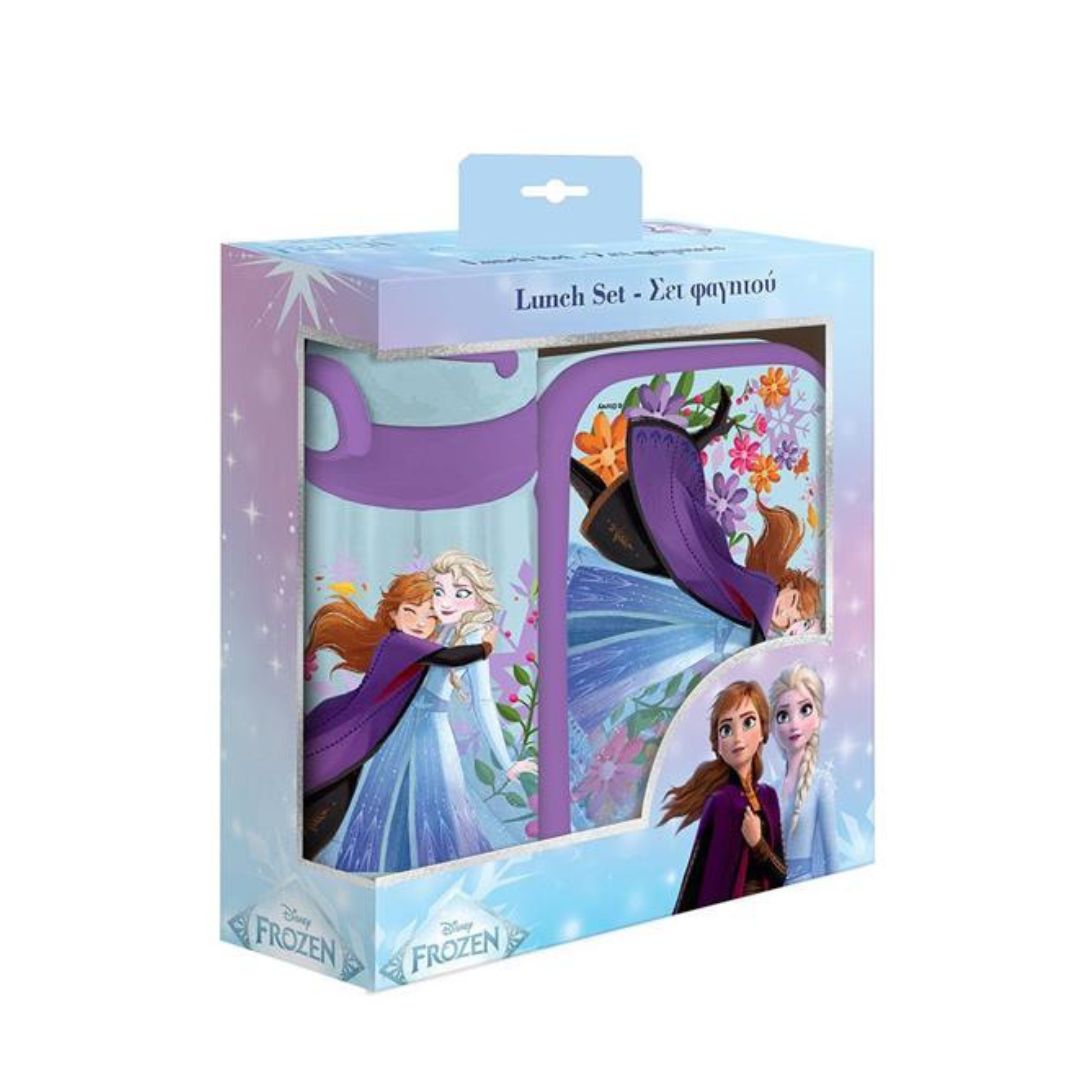 Disney Frozen lunch set in its original retail packaging, featuring characters Anna, Elsa, and Princess Peach on a light blue and purple illustrated box.