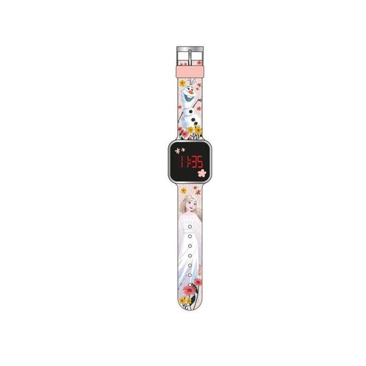 A digital kids' watch with a clear strap featuring colorful cartoon character prints, including Elsa and Olaf, with a pink upper band and a black watch face.