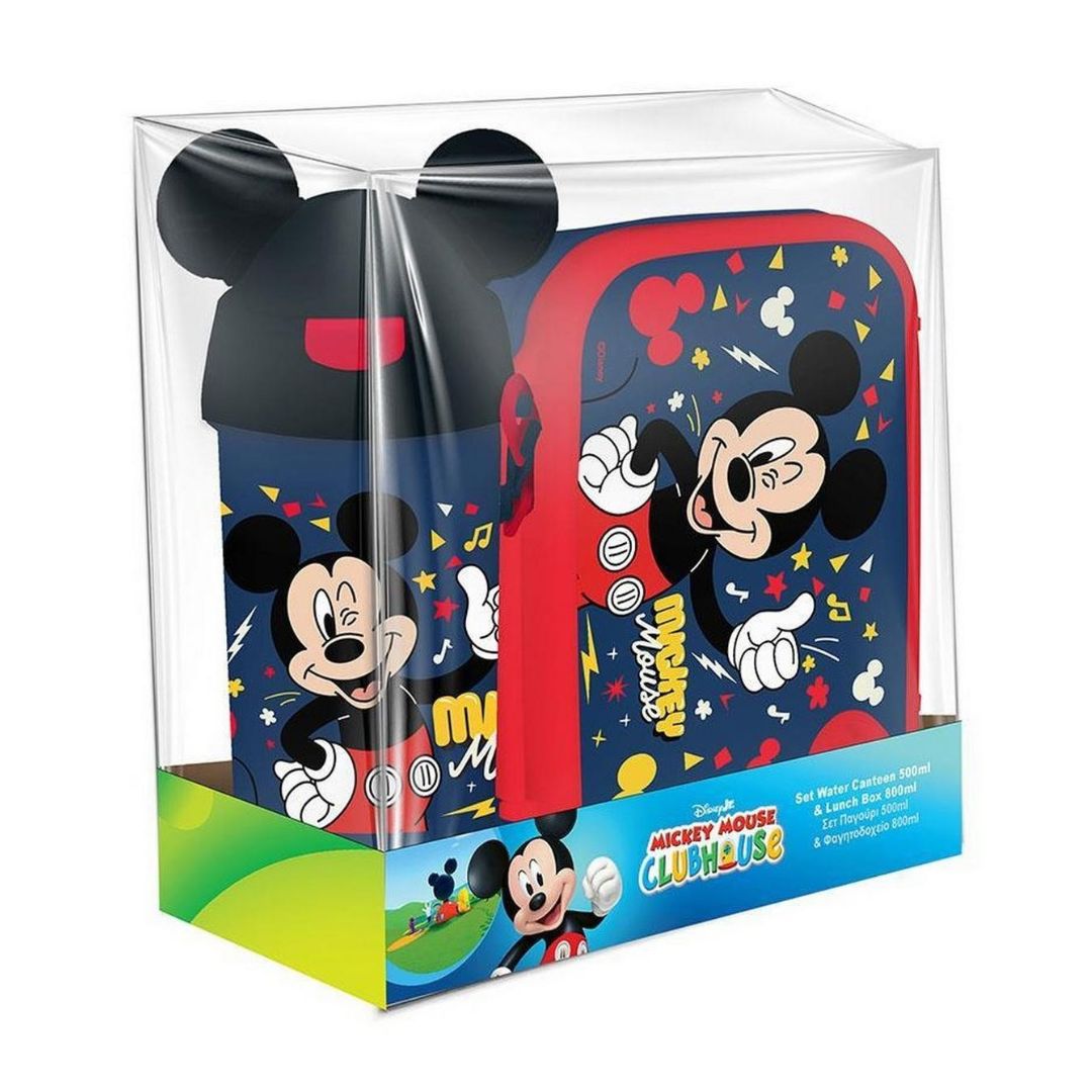 Disney Mickey Mouse Clubhouse set in clear plastic packaging, featuring a blue and red lunch box with Mickey Mouse illustrations and a matching blue lunch bag.