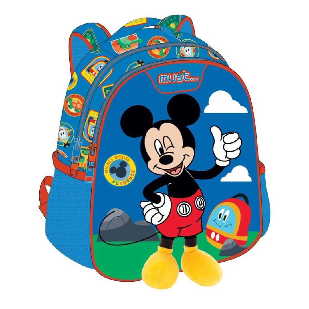 A blue Mickey Mouse school backpack with a plush Mickey at the front, featuring red, yellow, and white details, and cartoon graphics on a white background.