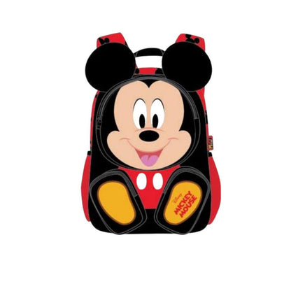 A Mickey Mouse backpack featuring a large cartoon face on the front with black mouse ears, a red body, and yellow feet, shown on a plain white background.