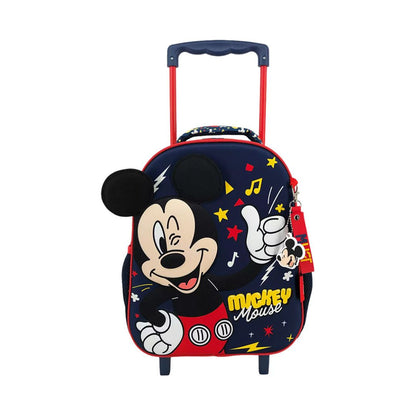 A Mickey Mouse themed rolling suitcase featuring a navy blue body with a large 3D Mickey Mouse face, red handle and wheels, and yellow and red star accents.