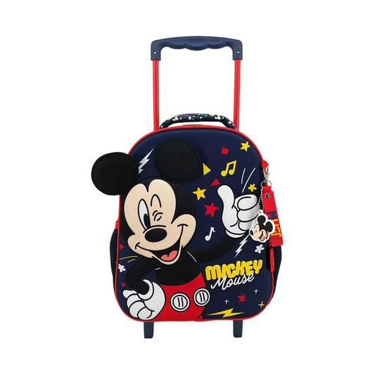 A Mickey Mouse themed rolling suitcase featuring a navy blue body with a large 3D Mickey Mouse face, red handle and wheels, and yellow and red star accents.