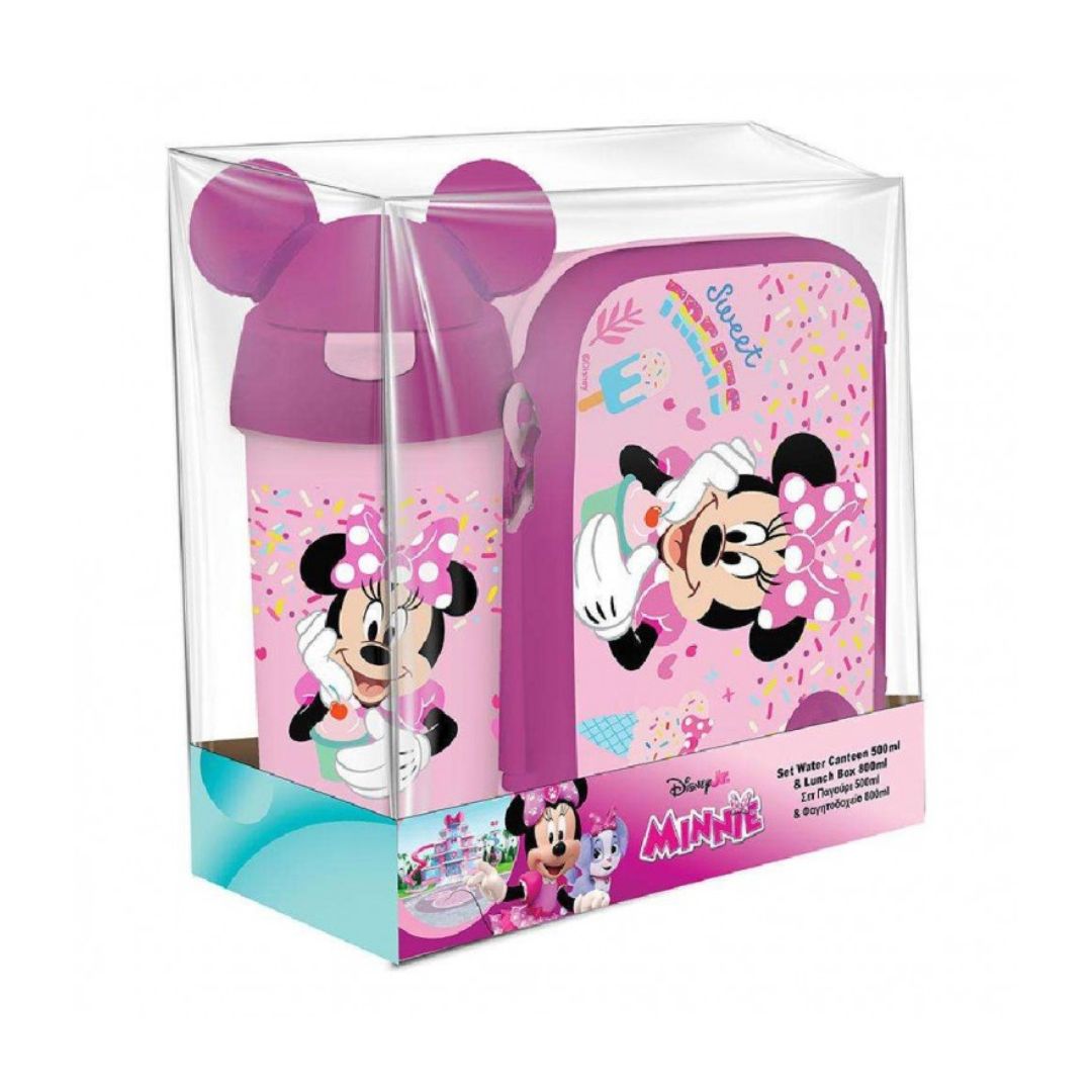 Disney Minnie Mouse lunch set in clear plastic packaging, featuring a pink water bottle with a purple lid and Minnie Mouse illustration, alongside a matching pink lunchbox with a printed Minnie Mouse design.