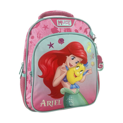 A pink and mint green school backpack featuring Disney's Ariel and Flounder from The Little Mermaid. The front has a large graphic of Ariel hugging Flounder, with 'ARIEL' printed below.