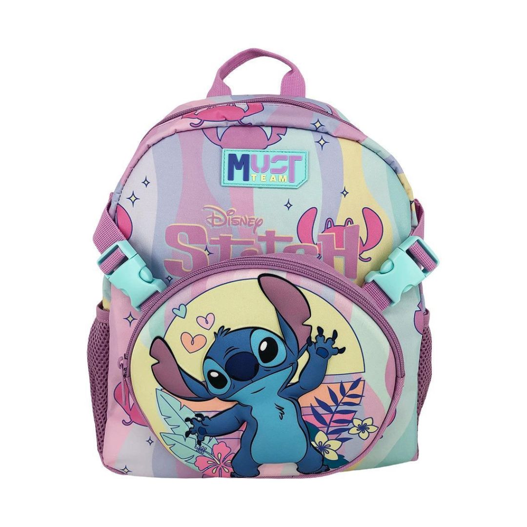 Disney Stitch MUST TEAR backpack featuring a colorful pastel striped design with a large circular front pocket displaying Stitch, pink straps, and turquoise plastic buckles, on a white background.