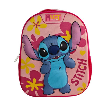 A pink and red Disney Stitch school backpack featuring a large graphic of Stitch on the front, surrounded by yellow and pink flowers, with 'STITCH' and 'MUST TEAM' printed on the front.