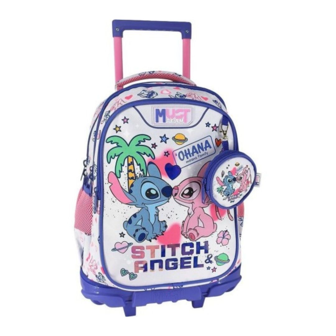 A Disney Stitch and Angel rolling school backpack with a telescoping handle, featuring a white front pocket decorated with colorful cartoon graphics of Stitch and Angel, a palm tree, and various text labels, alongside a matching round zippered pouch.