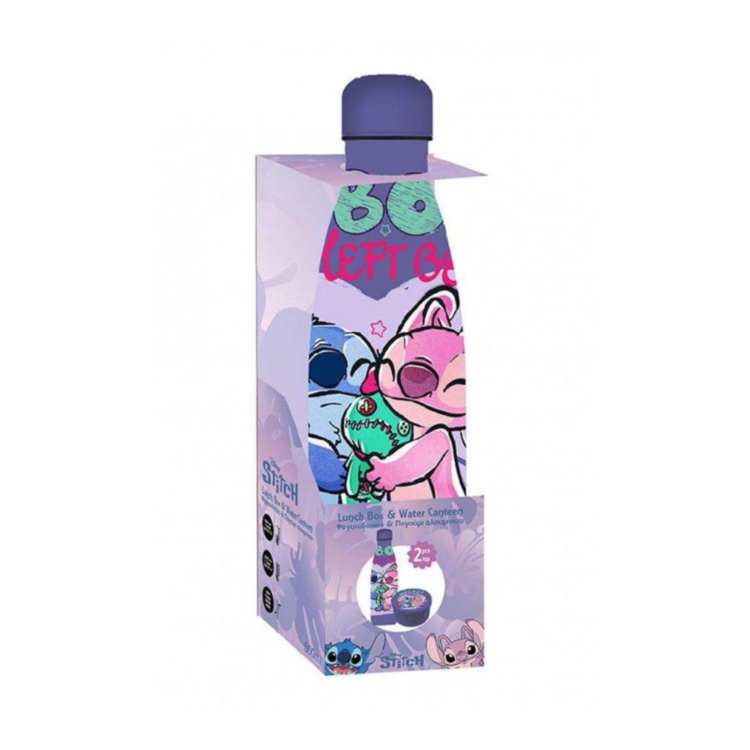 A bottle of water with a purple cap and a matching decorative cardboard sleeve, featuring cartoon characters including Stitch and Angel on a white background.