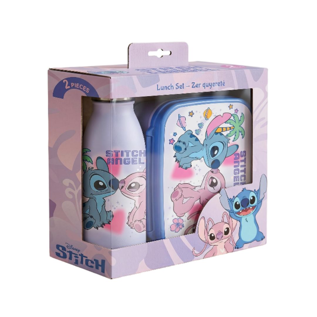 Disney Stitch lunch set in its original packaging, featuring a white bottle and a blue lunchbox with cartoon character prints of Stitch and Angel.