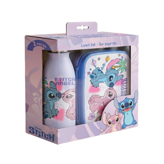 Disney Stitch lunch set in its original packaging, featuring a white bottle and a blue lunchbox with cartoon character prints of Stitch and Angel.