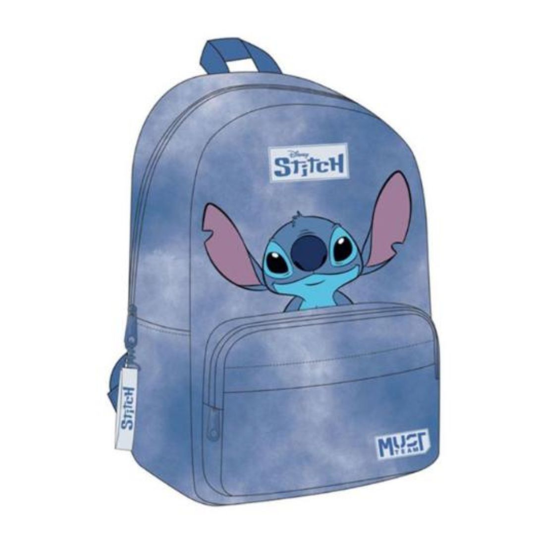 A Disney Stitch backpack in a light blue cloudy pattern, featuring a large graphic of Stitch on the front pocket, a Disney Stitch logo patch, and a MYST2 FILL tag.