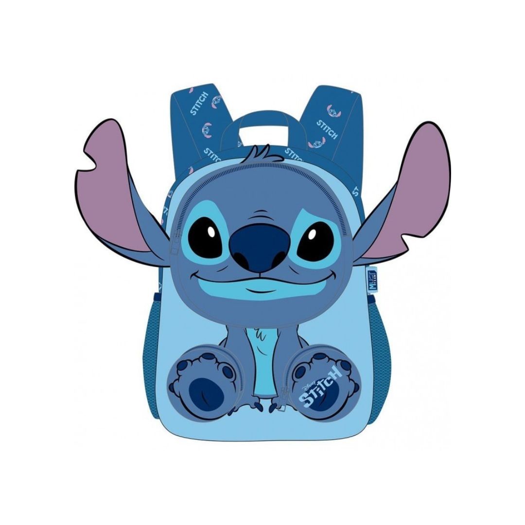 A cartoon backpack featuring the character Stitch, shown from the front on a plain white background. The backpack is light blue with darker blue straps and details, and Stitch's large ears are pinkish-purple.
