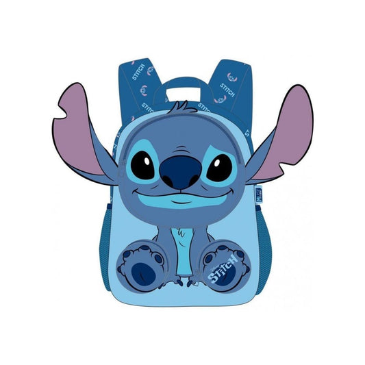 A cartoon backpack featuring the character Stitch, shown from the front on a plain white background. The backpack is light blue with darker blue straps and details, and Stitch's large ears are pinkish-purple.