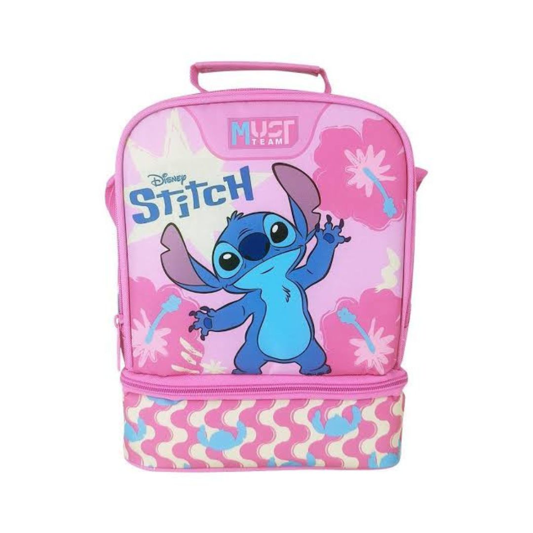Disney Stitch pink lunch bag featuring a large blue cartoon character graphic, floral background, and a patterned lower compartment, shown on a plain white background.