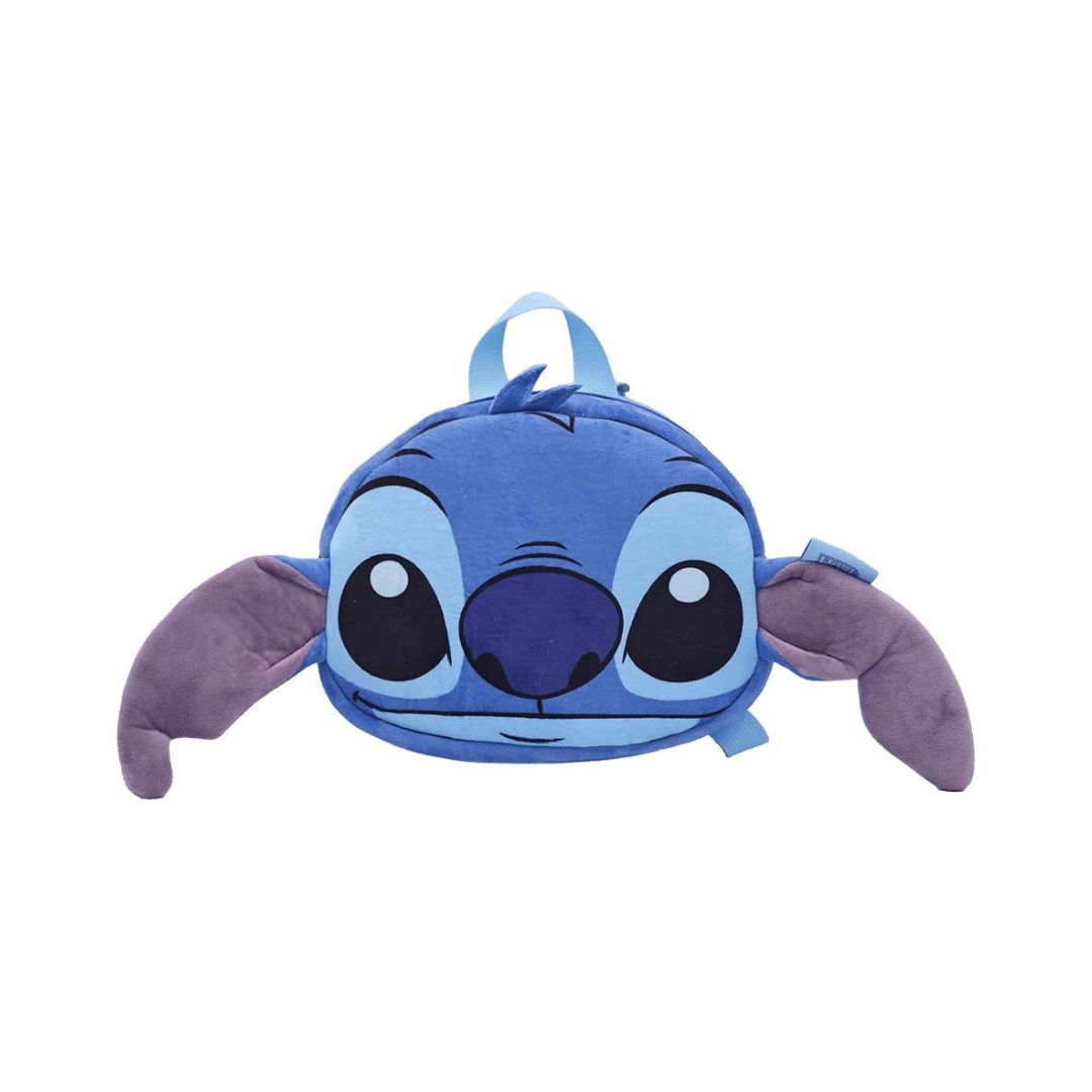 A plush character backpack shaped like Stitch from Lilo & Stitch, featuring blue and purple colors, photographed on a solid white background.