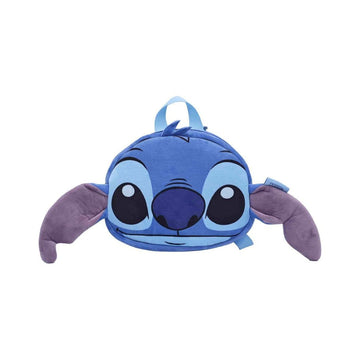 A plush character backpack shaped like Stitch from Lilo & Stitch, featuring blue and purple colors, photographed on a solid white background.
