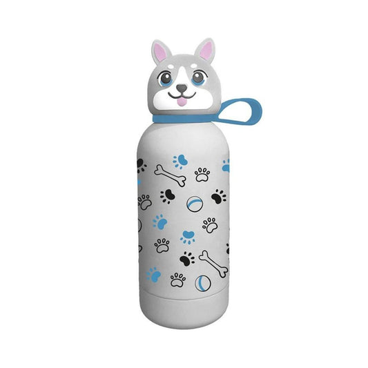 A stainless steel water bottle with a cute dog head lid and a blue carrying loop. The bottle is light gray with a pattern of black and blue paw prints, bones, and balls.