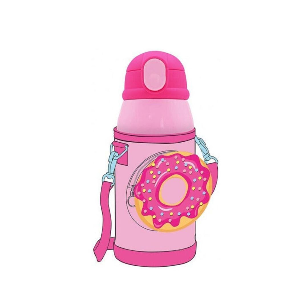 A pink insulated water bottle with a flip-top lid, a matching pink shoulder strap, and a large donut graphic on the front featuring pink frosting, yellow dough, and white sprinkles.