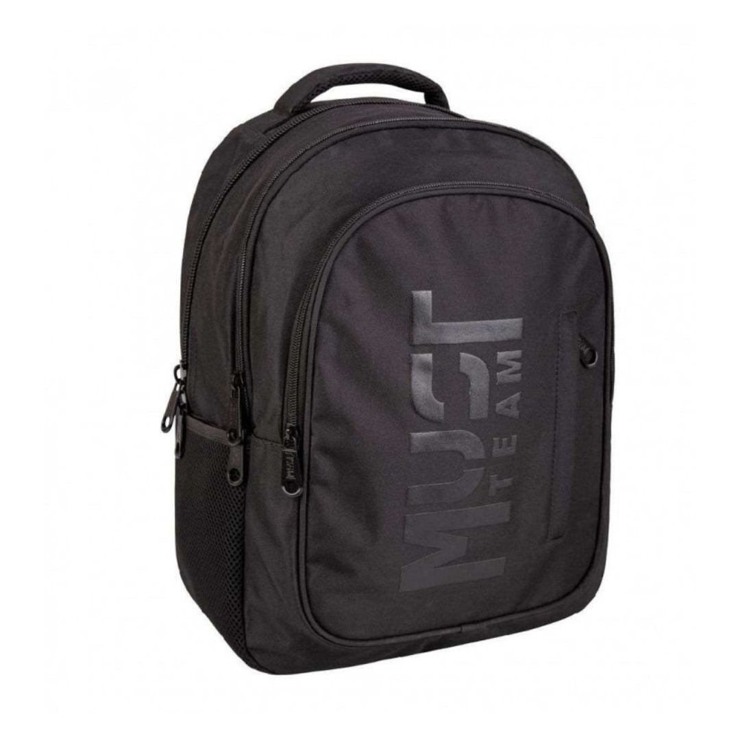 A black backpack with a large, tonal gray 'MUST TEAM' logo printed vertically on the front pocket, shown against a plain white background.