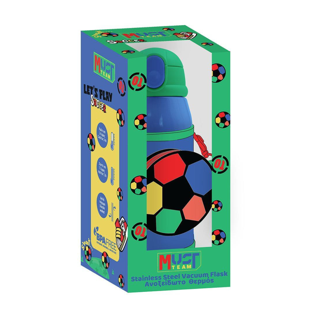 A boxed kids' water bottle with a soccer-ball-shaped body and blue cap, shown in its retail packaging on a plain white background.