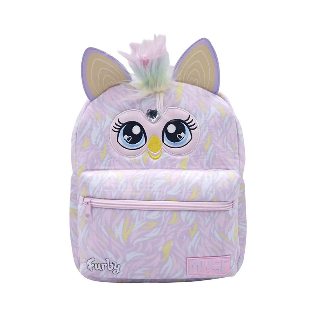 A light pink Furby-themed backpack with embroidered eyes, a yellow beak, purple ears, and a pastel feather accent on top, shown against a plain white background.
