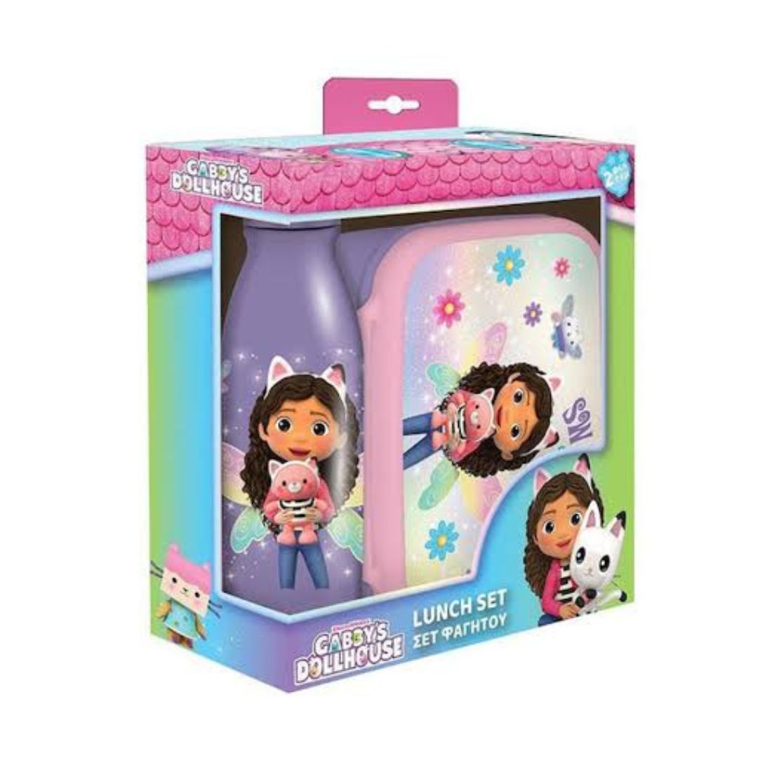 Careys Dollhouse Lunch Set in its original retail packaging, featuring a purple bottle and a pink lunchbox with cartoon character graphics.