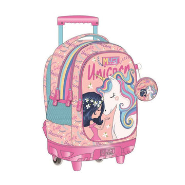 A pink rolling school backpack with a unicorn and girl illustration, featuring an extendable handle, wheels, and a round hanging charm on a plain white background.