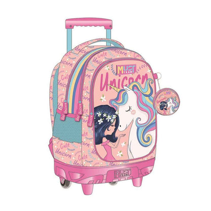 A pink rolling school backpack with a unicorn and girl illustration, featuring an extendable handle, wheels, and a round hanging charm on a plain white background.