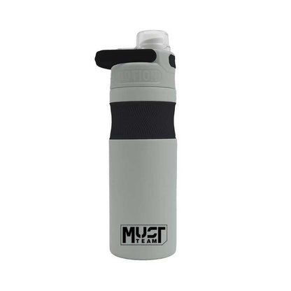 A light gray insulated water bottle with a black textured grip band and a black flip-top lid, featuring the 'MUST TEAM' logo near the bottom.