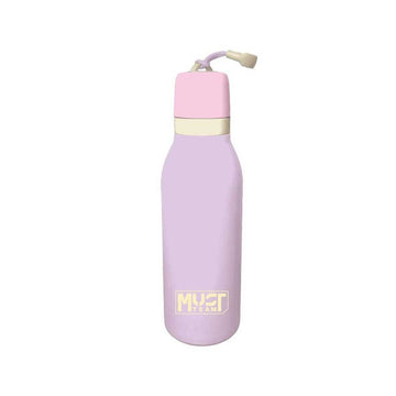 A light purple insulated water bottle with a pink lid, cream band, and a small yellow 'MUSC TEAM' logo near the bottom, shown on a plain white background.