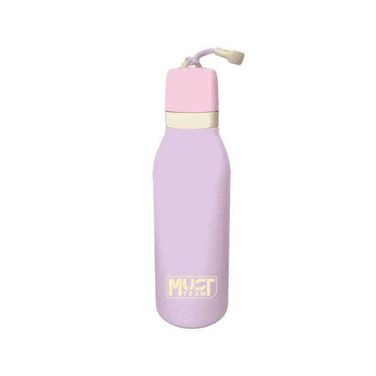 A light purple insulated water bottle with a pink lid, cream band, and a small yellow 'MUSC TEAM' logo near the bottom, shown on a plain white background.