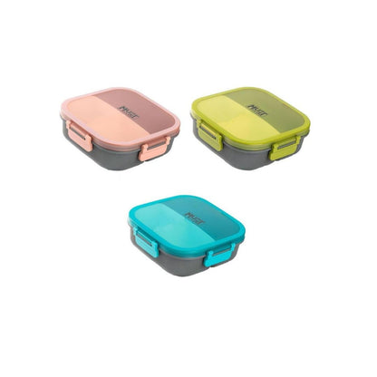 Three square lunch boxes with translucent lids and gray bases, shown in pink, yellow-green, and blue colorways on a white background. The brand name 'INSEET' is printed on the lids.