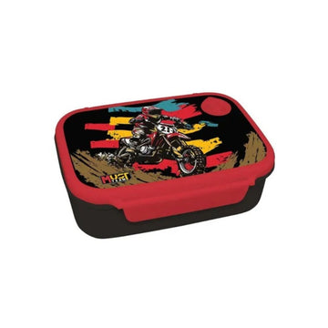 A rectangular lunch box with rounded corners, featuring a graphic print of a motocross rider on a dirt bike. The lid has a black background with a colorful graphic, and the sides and latches are bright red.