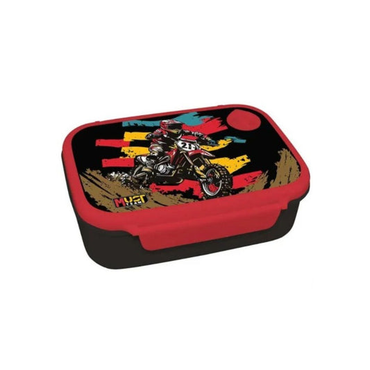 A rectangular lunch box with rounded corners, featuring a graphic print of a motocross rider on a dirt bike. The lid has a black background with a colorful graphic, and the sides and latches are bright red.