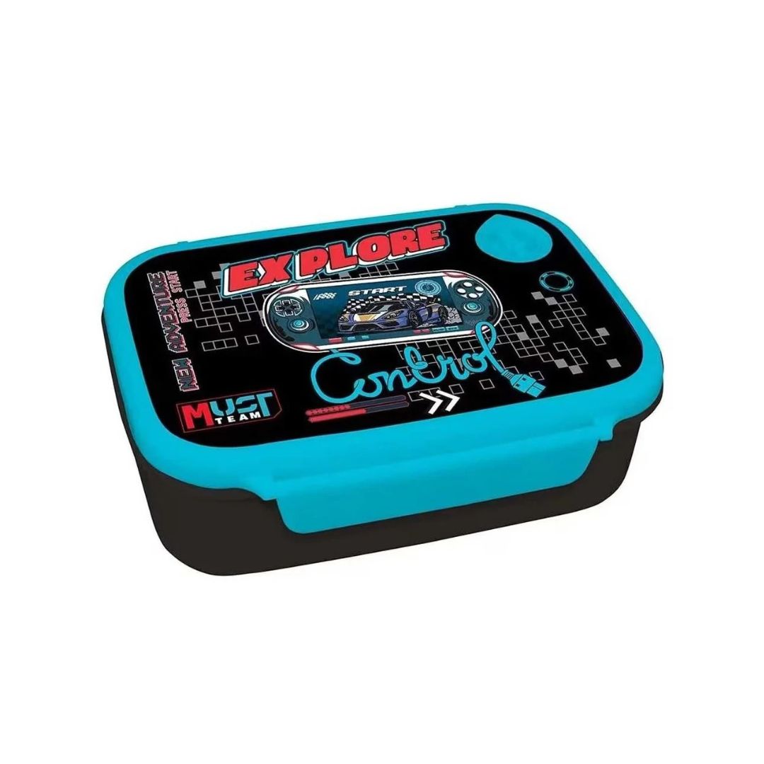 A rectangular lunch box with a black base and a bright turquoise blue lid. The lid features a racing-themed graphic with the words 'EXPLORE' and 'Control' in stylized fonts, along with a small car illustration and pixel patterns.