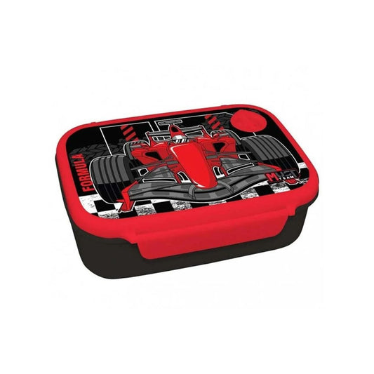 A rectangular lunch box with a red and black design featuring a Formula 1 race car graphic on the lid, shown on a plain white background.