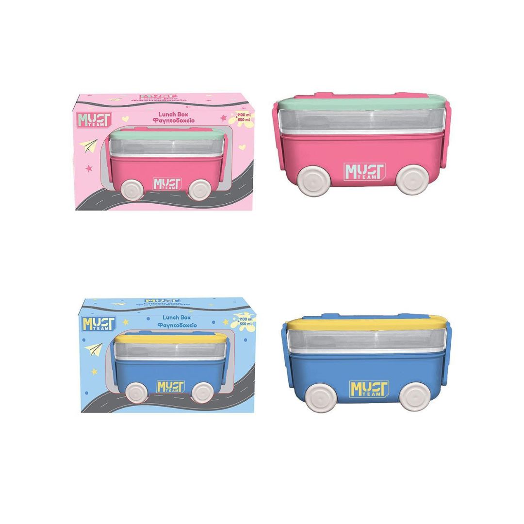 Four views of a toy bus-shaped lunch box on a plain white background, including two pink versions and two blue versions, with their retail boxes shown in the top-left and bottom-left quadrants.