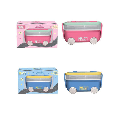 Four views of a toy bus-shaped lunch box on a plain white background, including two pink versions and two blue versions, with their retail boxes shown in the top-left and bottom-left quadrants.
